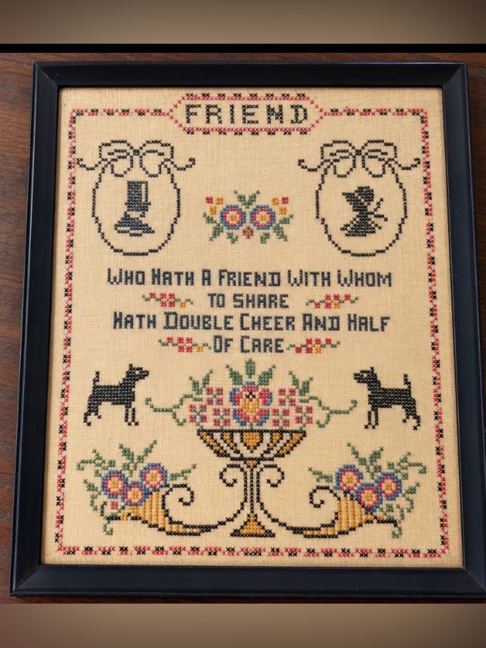Vintage Framed Cross-Stitch Friendship Sampler